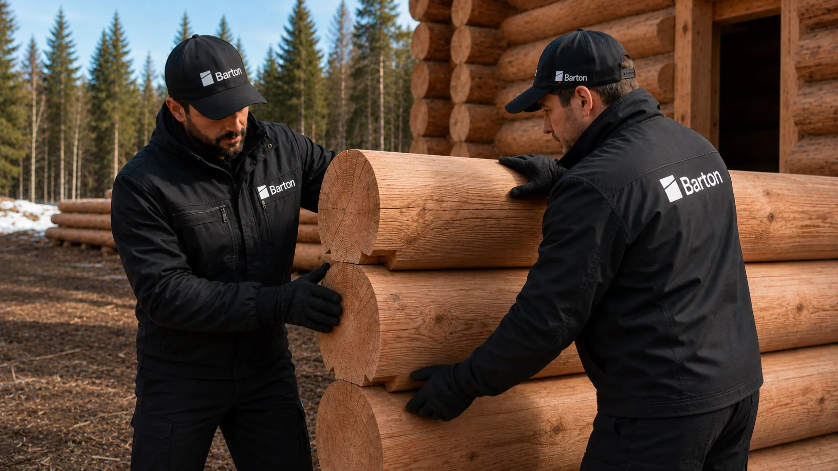 Специалисты BartonHome проверяют сопряжение кедровых элементов на сборке дома